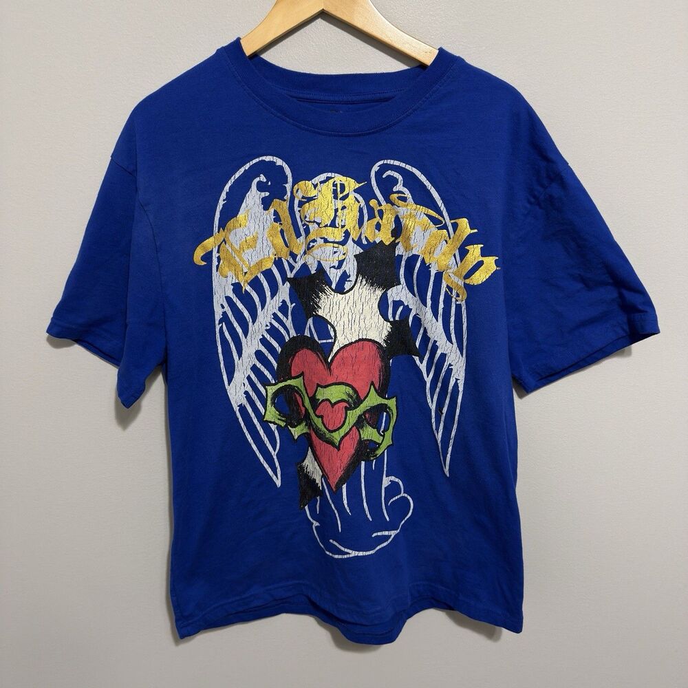 Ed Hardy Men's Blue Cotton T-Shirt Pullover Short Sleeve Graphic Logo Y2K Size L